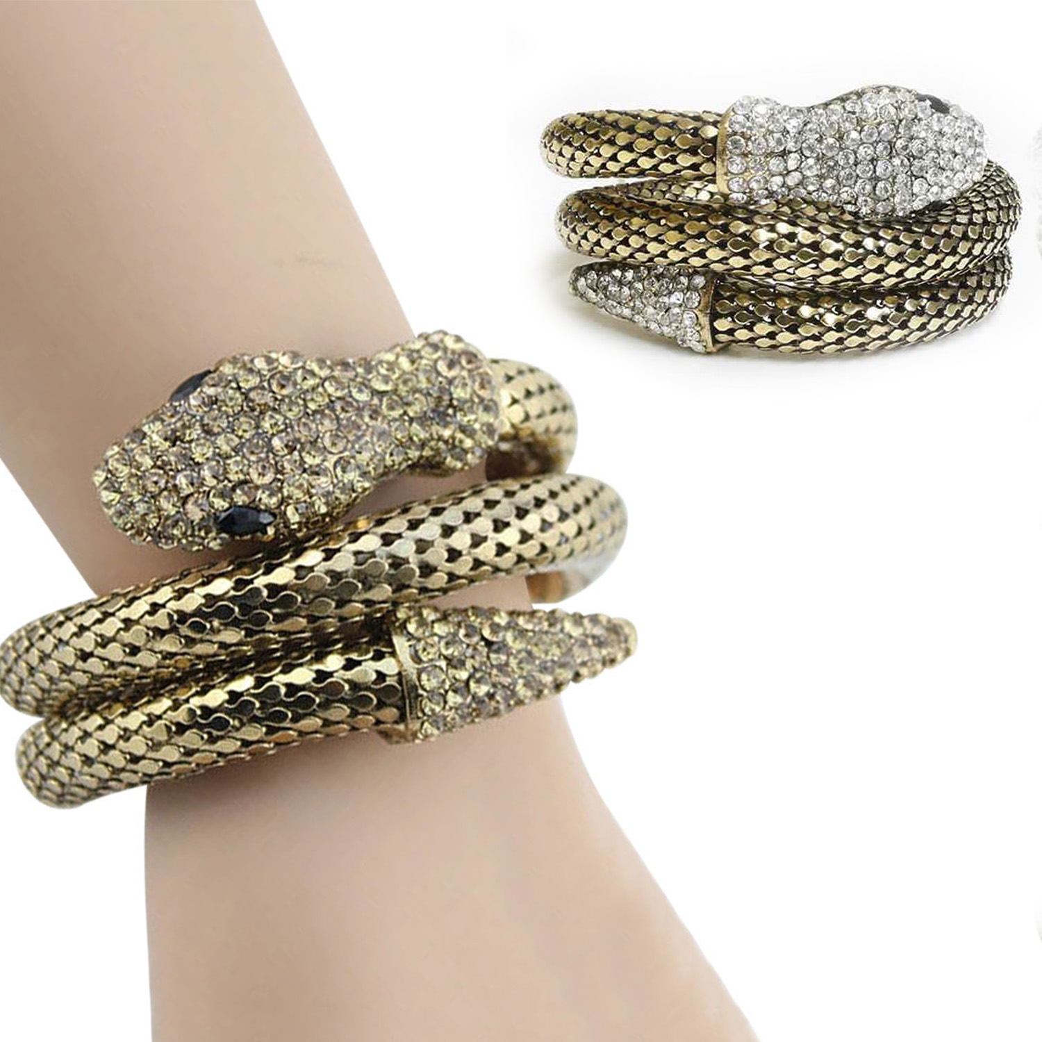 Exotic Designer Sultry Crystal Snake Bracelets - Gold