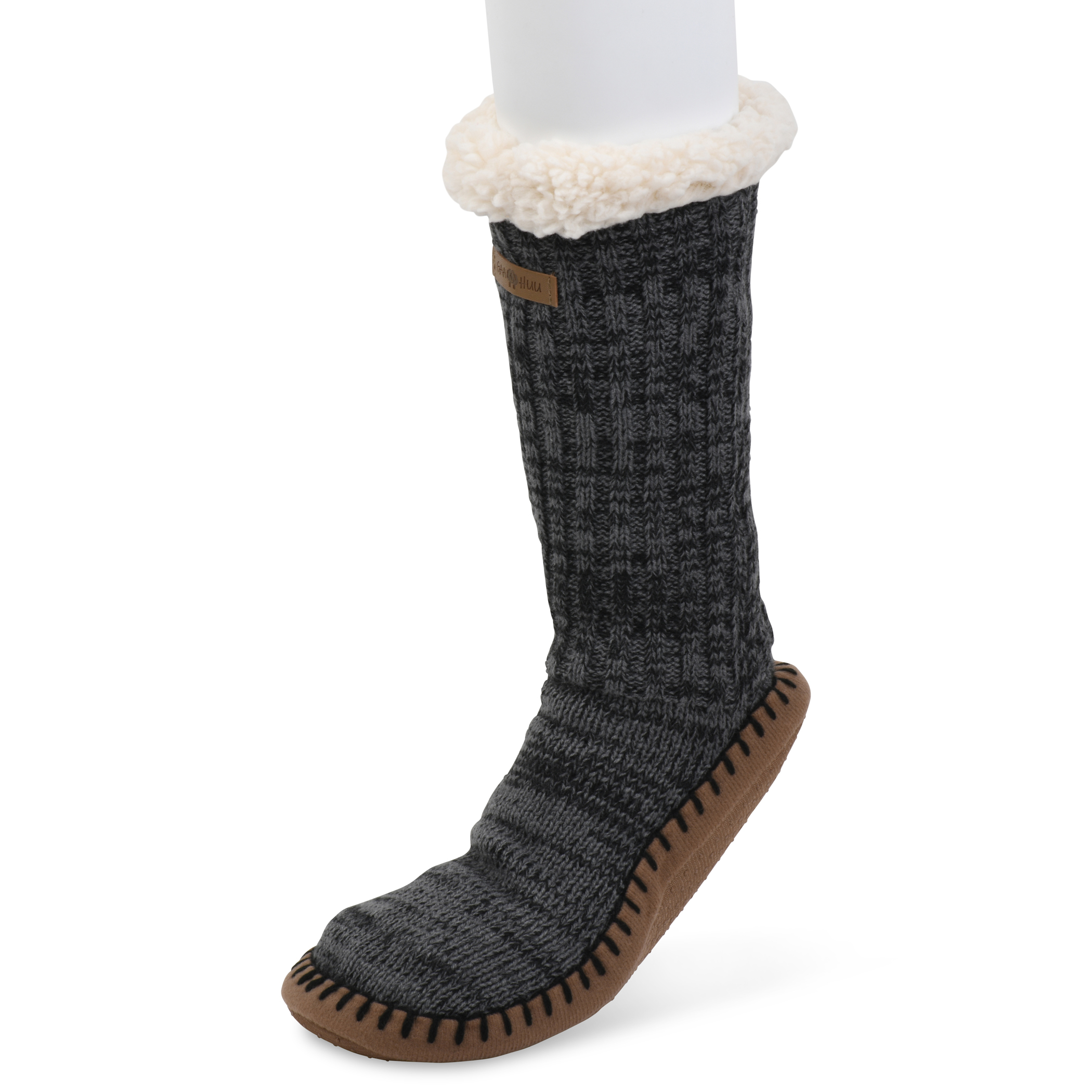 GaaHuu&trade; Men's Cuffed Slipper Socks with Faux Shearling Lining - Black Marl Rib