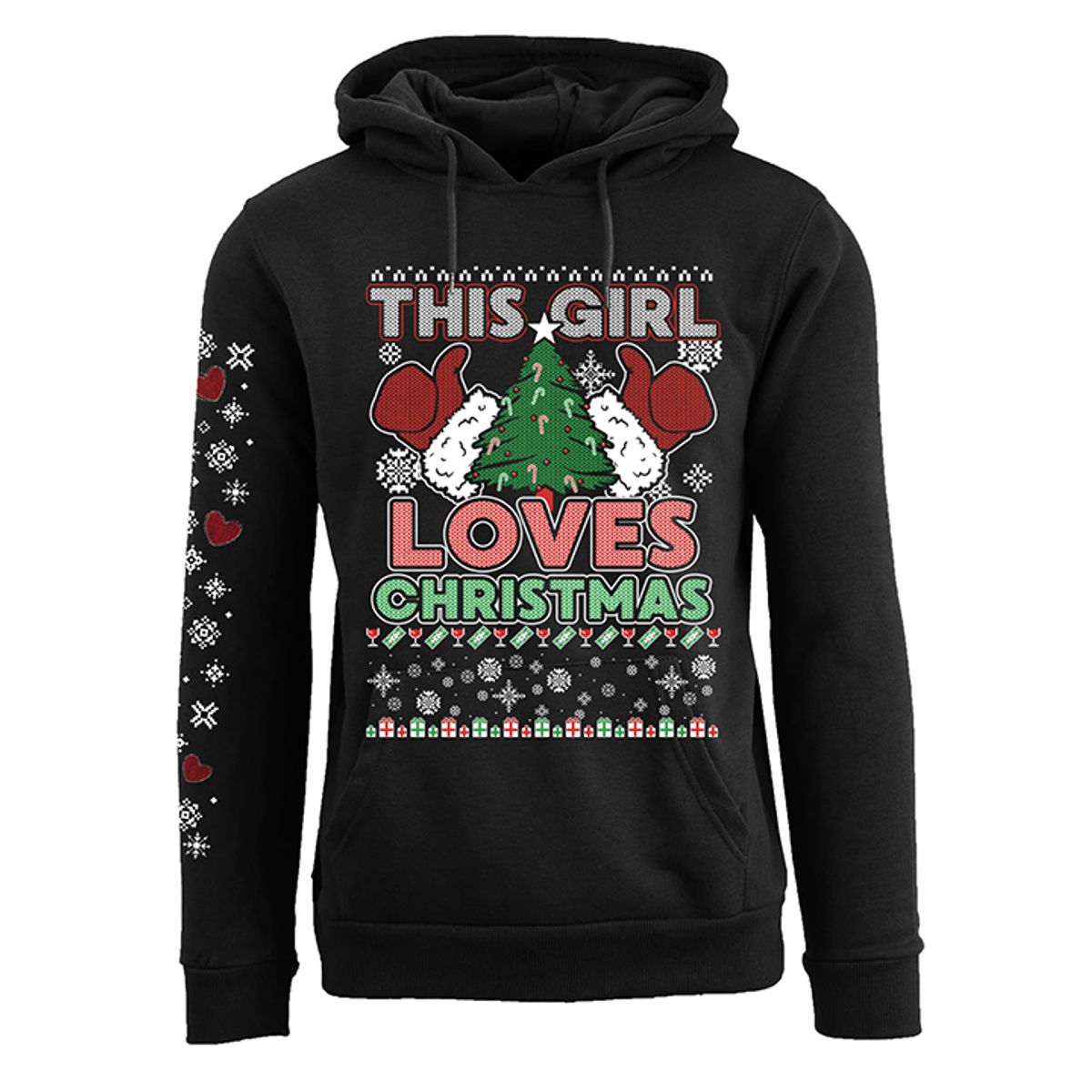 Women's Funny Holiday Pull Over Hoodie - This Girl Loves Christmas (Ugly Sweater) - Black - L