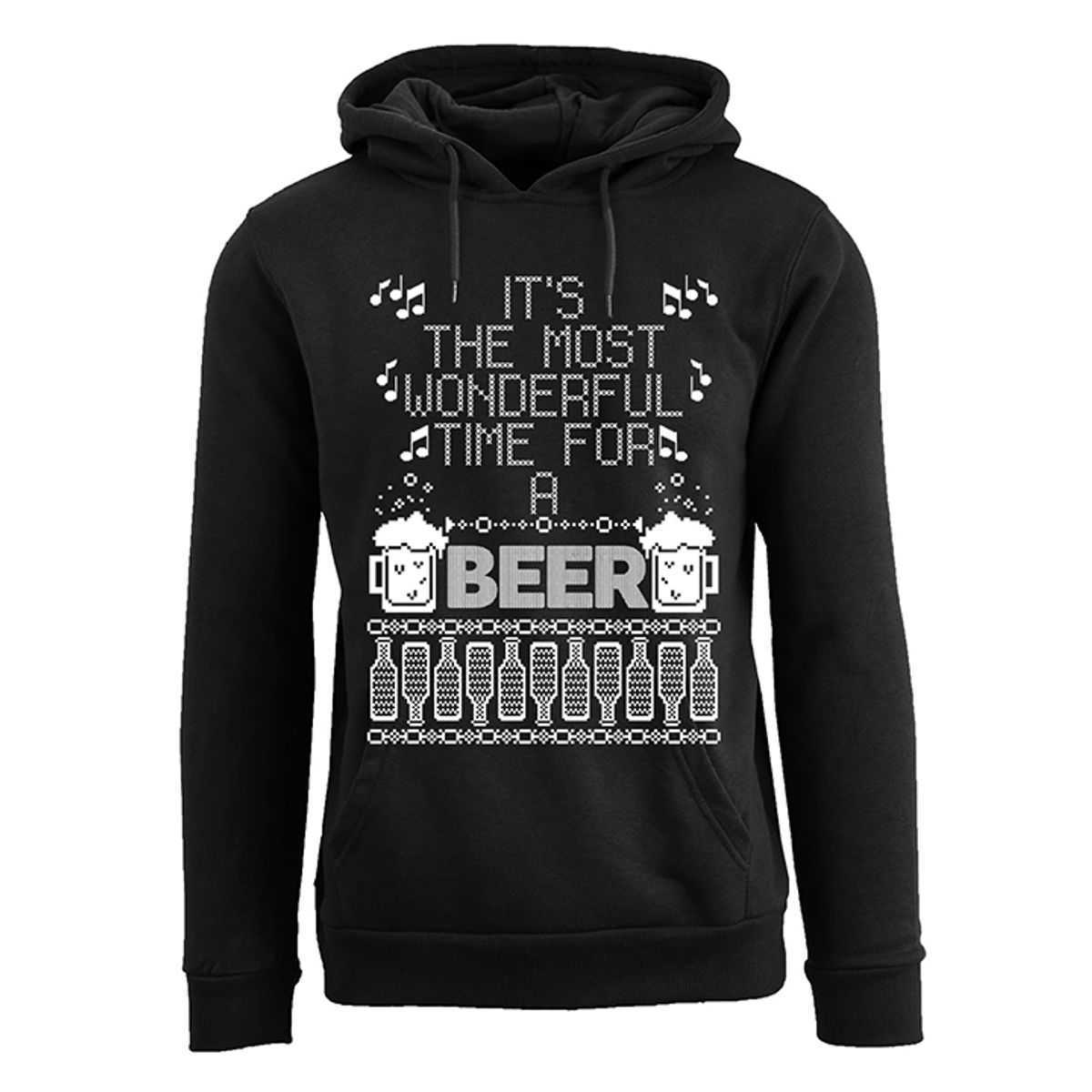Men's Funny Ugly Holiday Pull Over Hoodie - It's The Most Wonderful Time for A Beer - Black / M