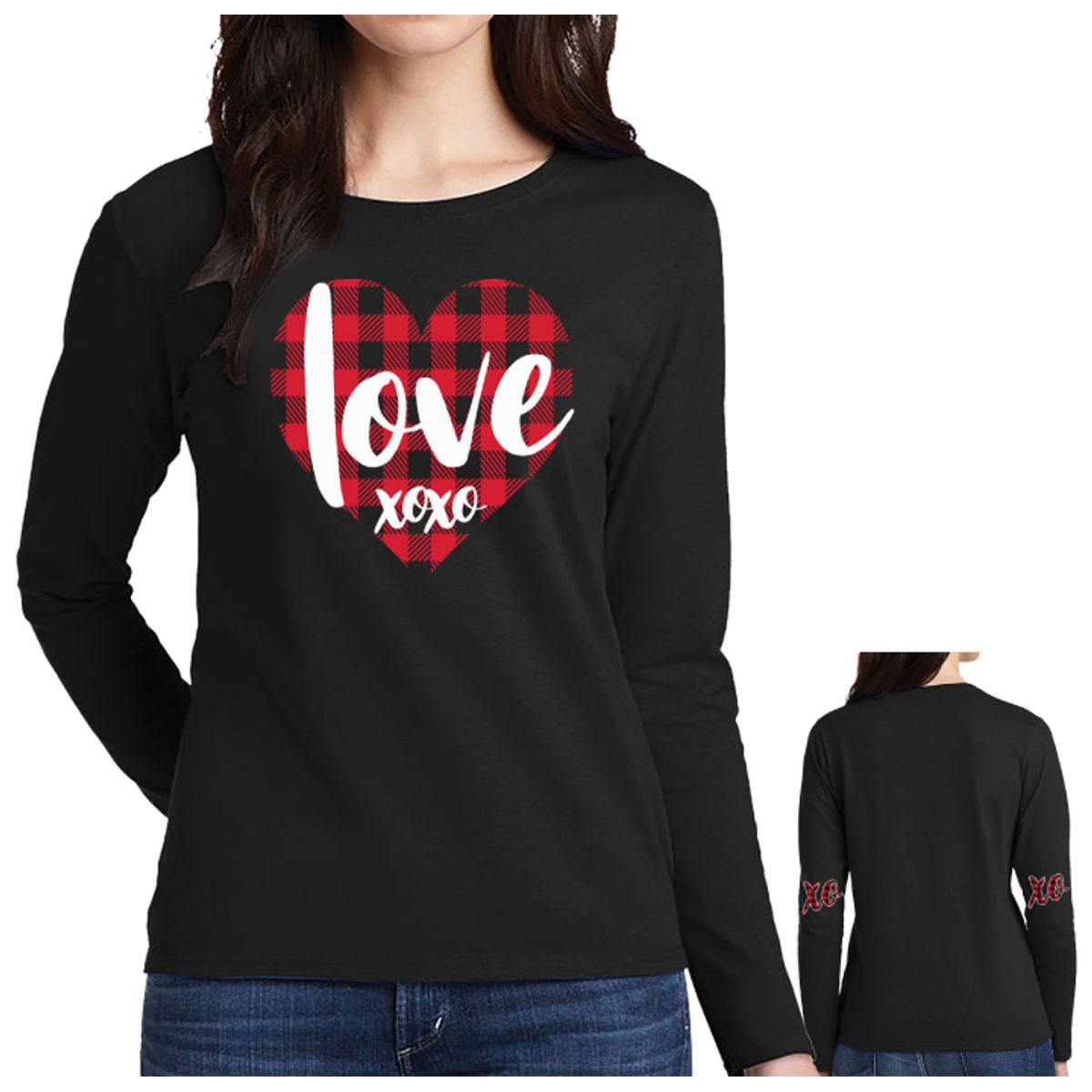 Women's Valentine's Day Shirts - Long Sleeve - Love XOXO - Black / S