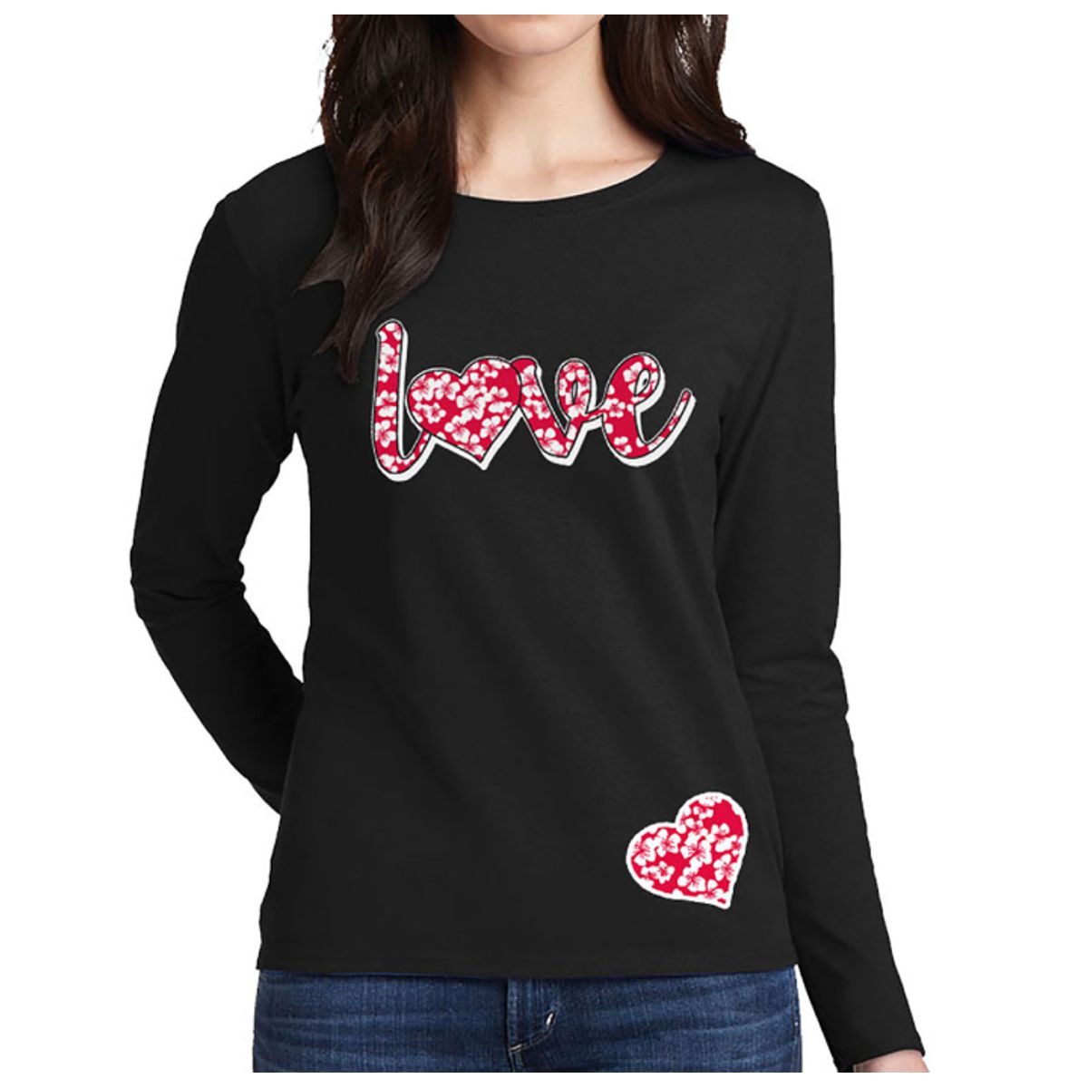Women's Valentine's Day Shirts - Long Sleeve - Hibiscus Love - Black / S