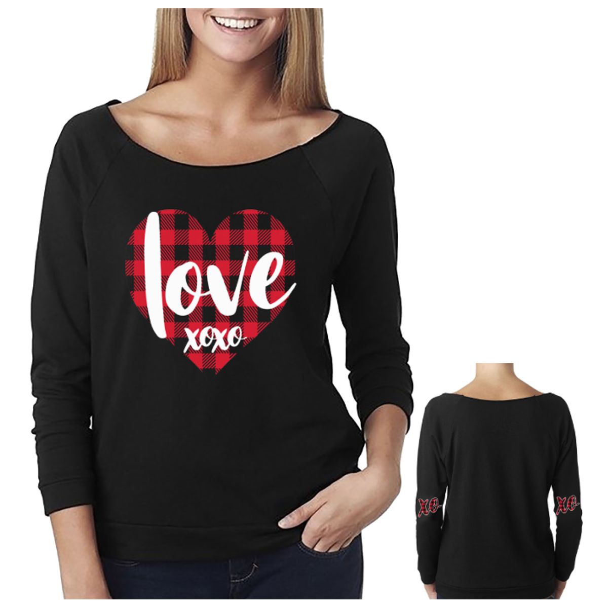 Women's Valentine's Day Shirts - Off The Shoulder - Love XOXO - Black / S