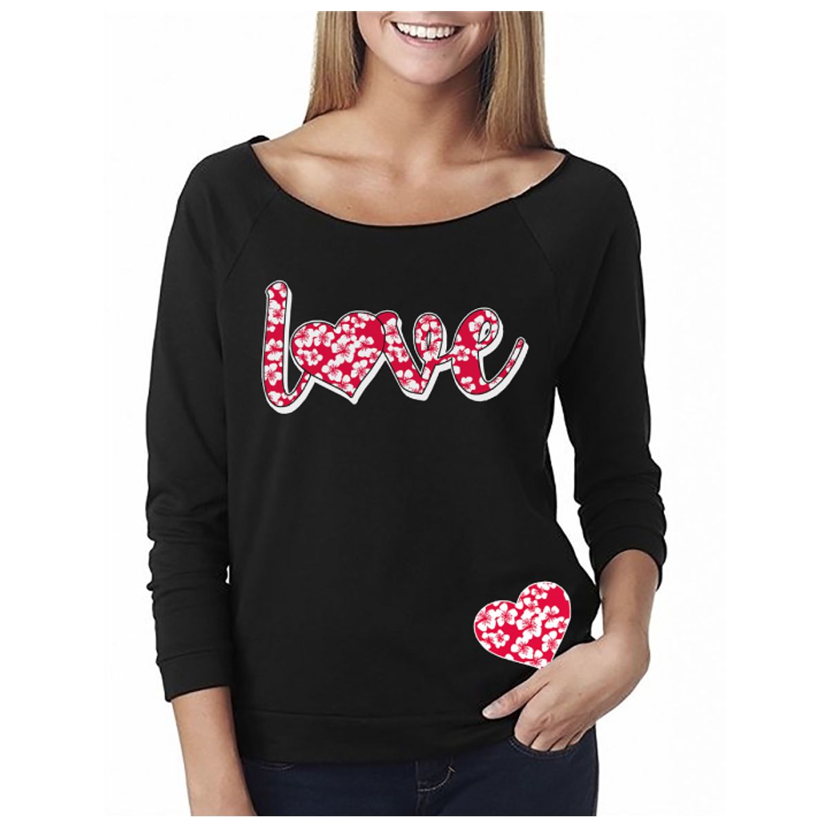 Women's Valentine's Day Shirts - Off The Shoulder - Hibiscus Love - Black / S