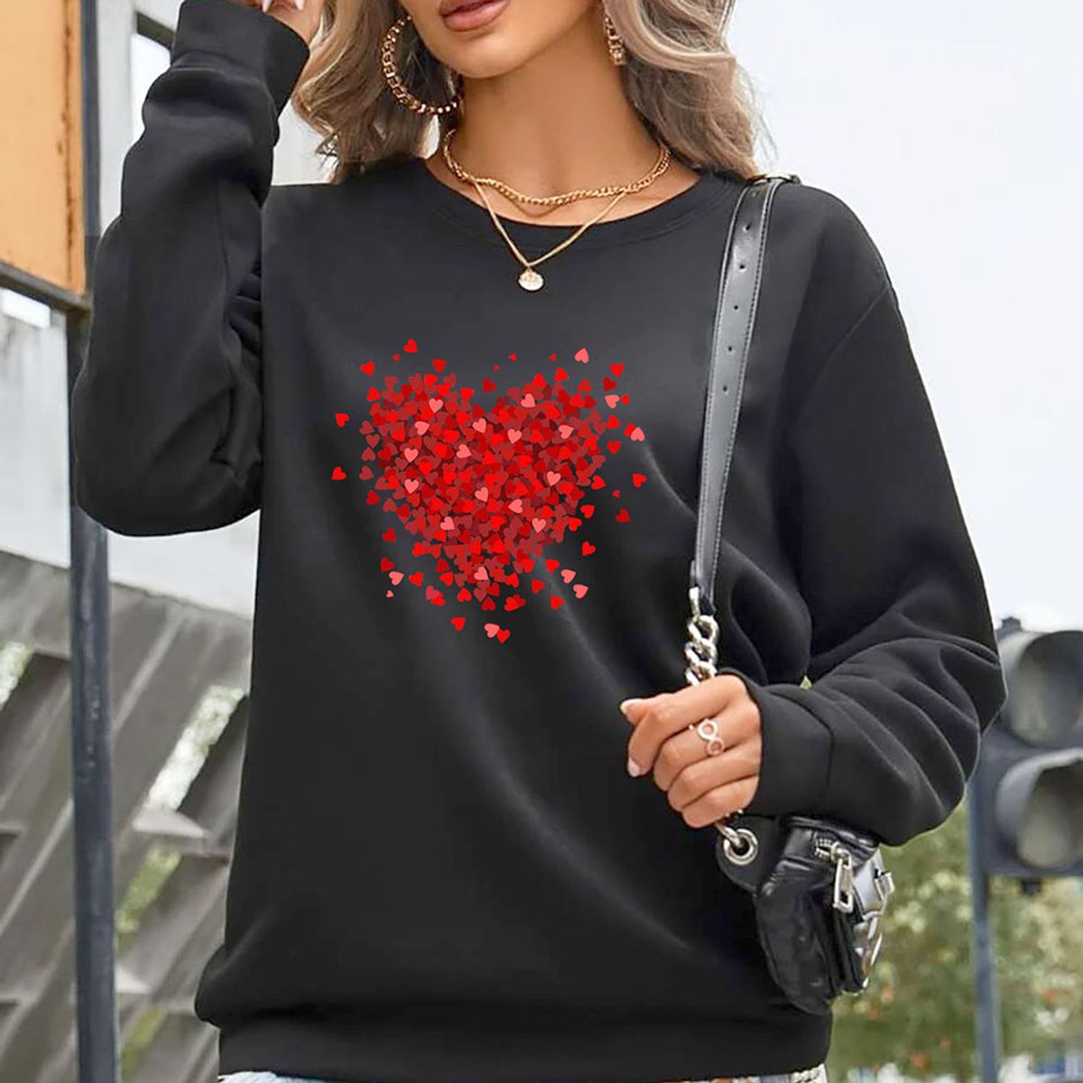 Women's Valentine's Day Sweatshirt - Hearts Burst - Black / S