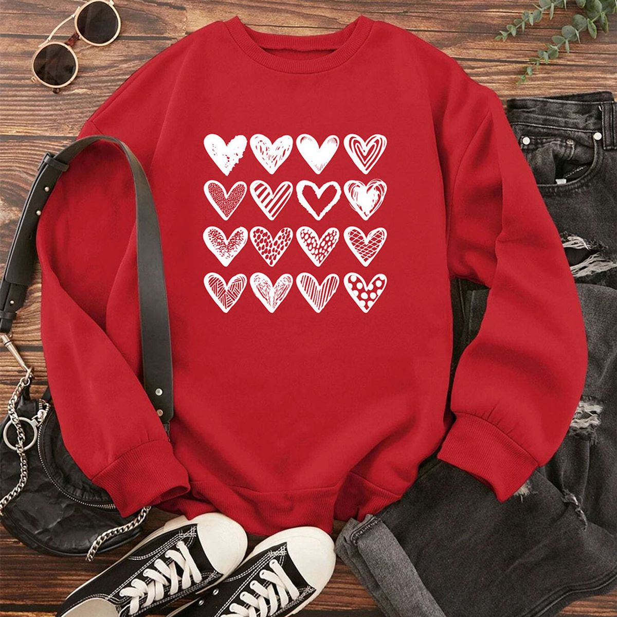 Women's Valentine's Day Sweatshirt - Sixteen Scribble Hearts - Red / S