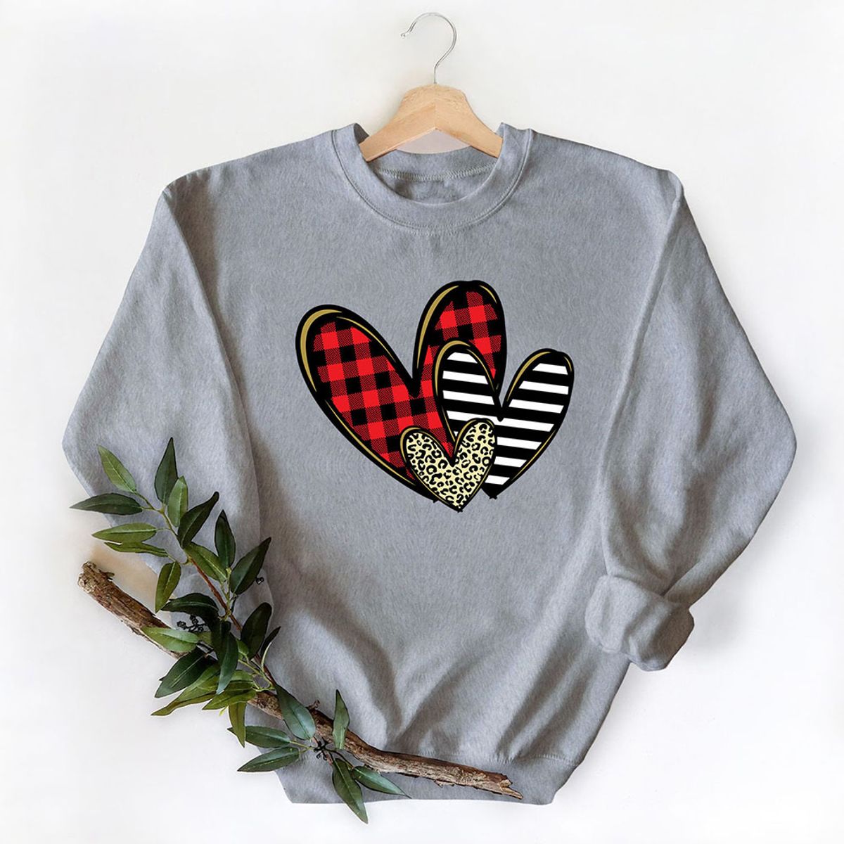 Women's Valentine's Day Sweatshirt - Plaid Stripe Cheeta Heart - H.Grey / S