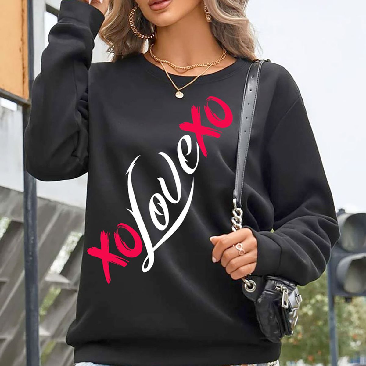 Women's Valentine's Day Sweatshirt - XO Love XO - Black / S