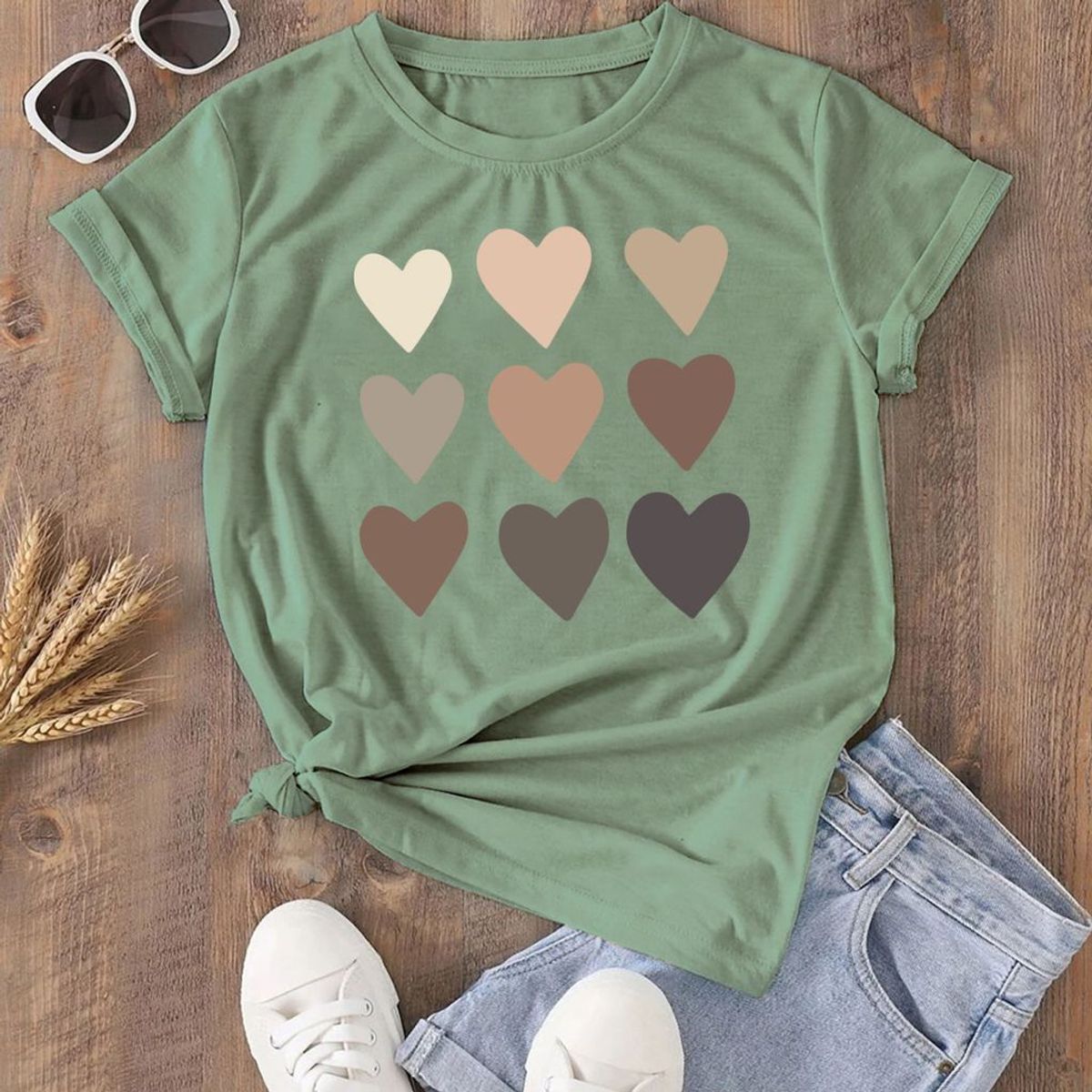 Women's Valentine's Day T-Shirt - Small - Sage - Brown Hearts