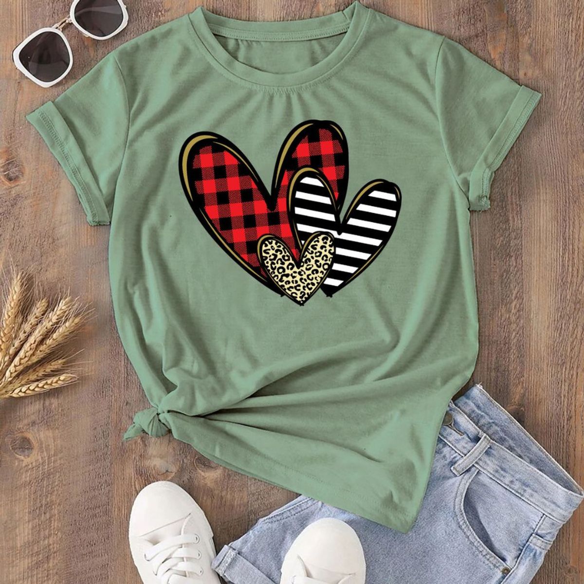 Women's Valentine's Day T-Shirt - 2X-Large - Sage - Plaid Cheetah Hearts