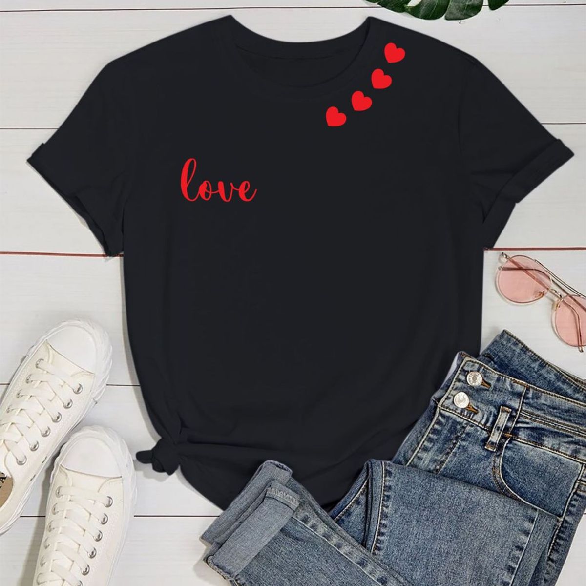 Women's Valentine's Day T-Shirt - Small - Black - Four Hearts