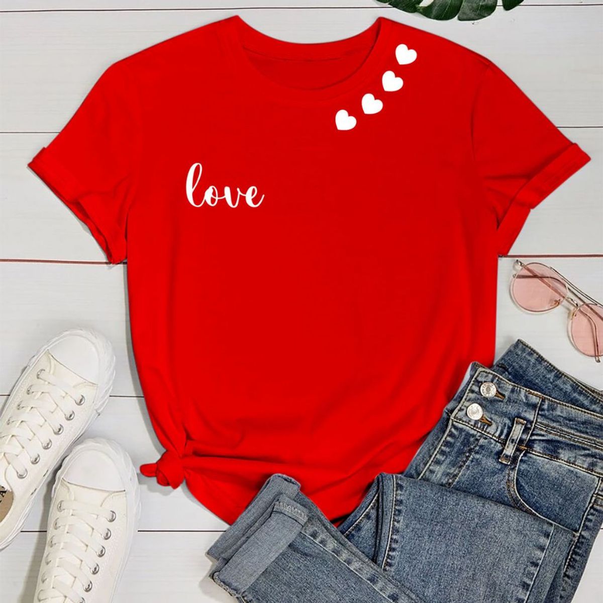 Women's Valentine's Day T-Shirt - Small - Red - Four Hearts