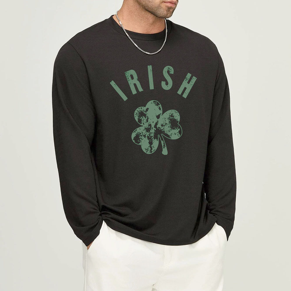 Men's St. Patrick's Day Long Sleeve Shirt - IRISH Three Leaf Clover - Black-Green Prt / S