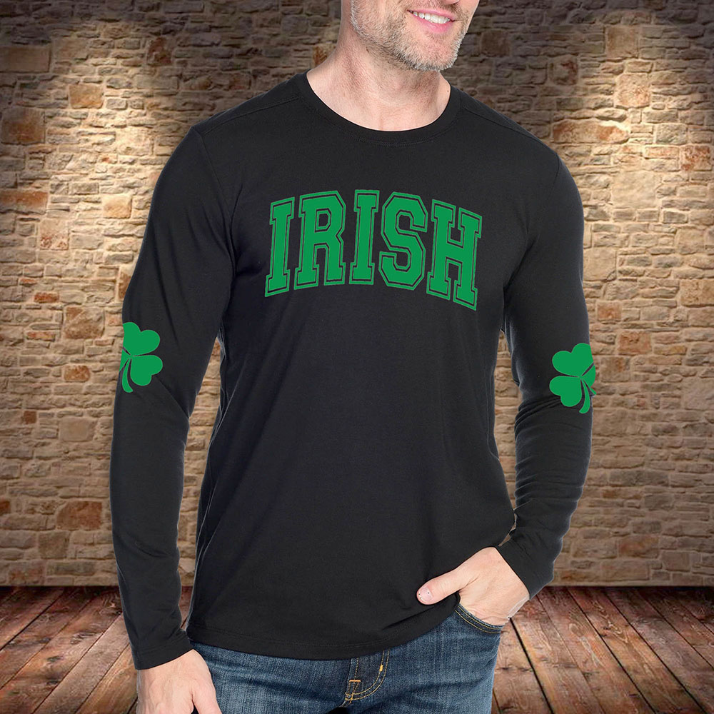 Men's St. Patrick's Day Long Sleeve Shirt - IRISH College - Black-Green Prt / 2XL