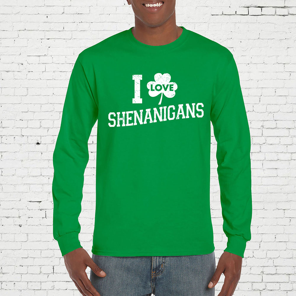 Men's St. Patrick's Day Long Sleeve Shirt - I Love Shenanigans - K.Green-White Prt / S