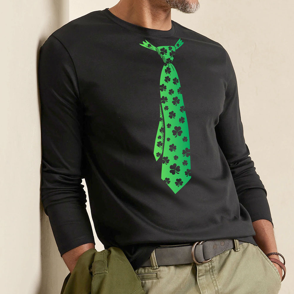 Men's St. Patrick's Day Long Sleeve Shirt - Irish Tie - Black-Green Prt / S