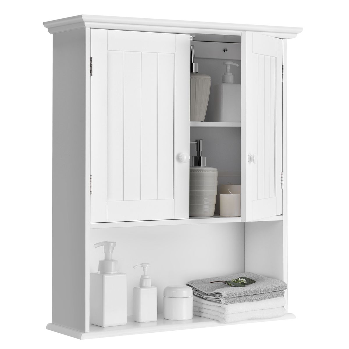 Wall-Mounted Bathroom Cabinet Storage Organizer with Doors & Shelves - White