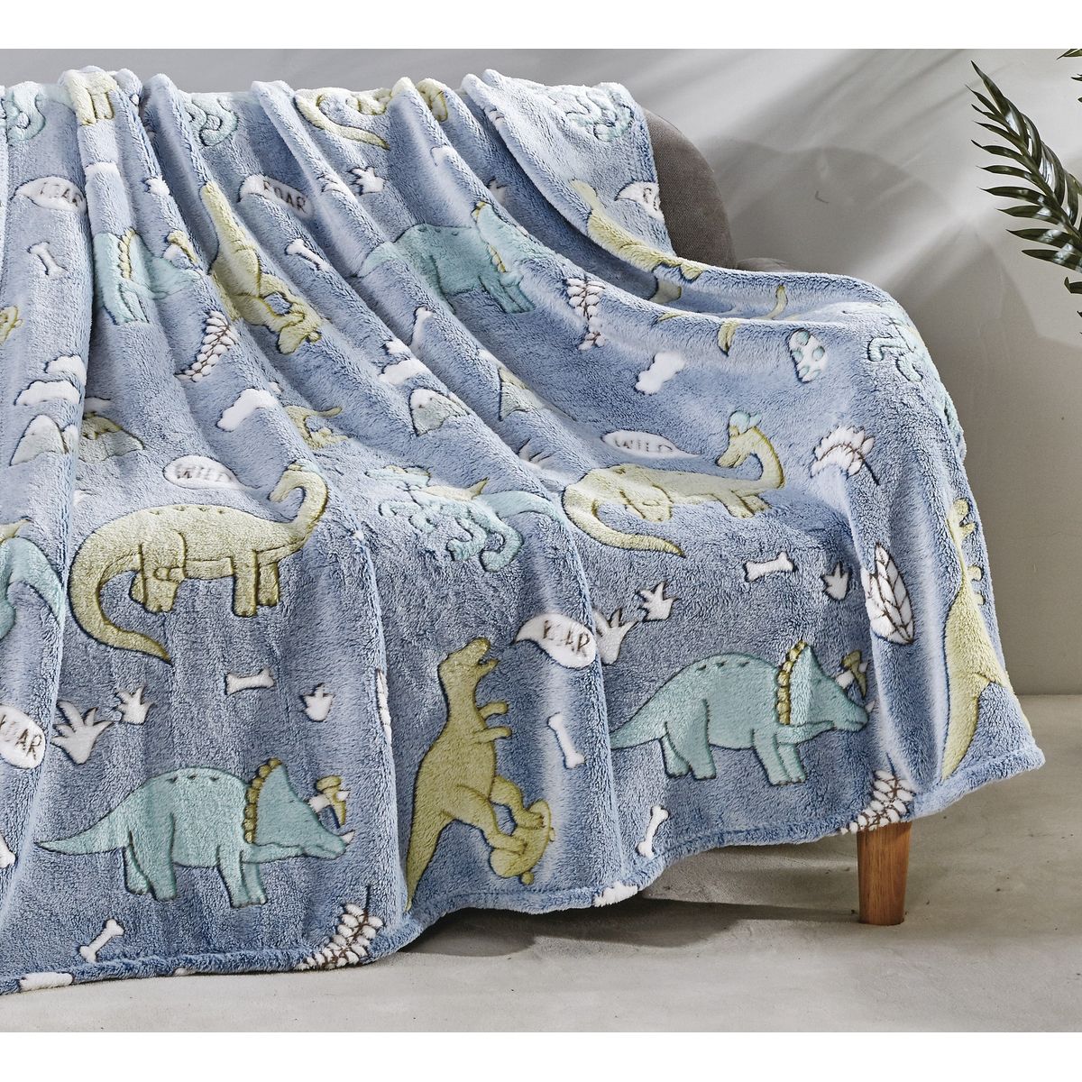Glow-in-the-Dark 50 x 60-Inch Throw Blanket - Blue Dino