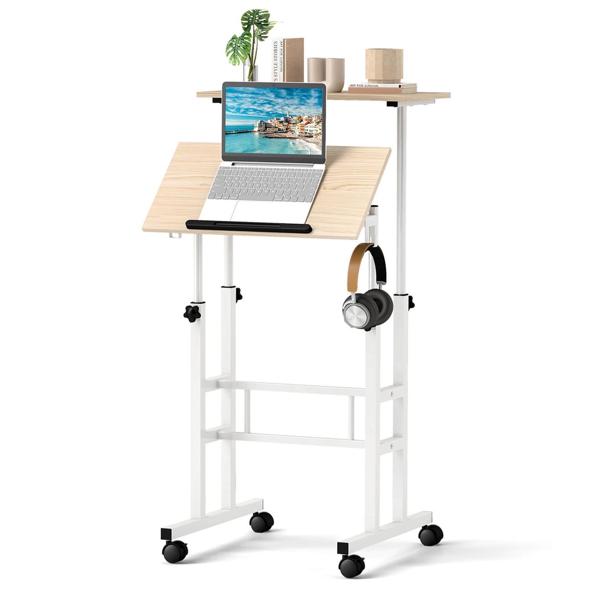 Height-Adjustable Mobile Standing Desk with Rolling Wheels - Costway Height Adjustable Mobi