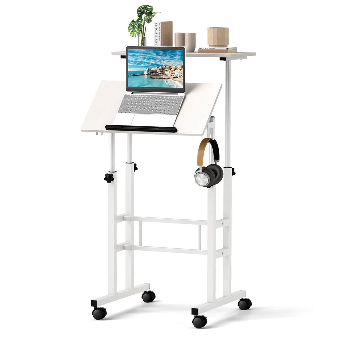 Height-Adjustable Mobile Standing Desk with Rolling Wheels - White