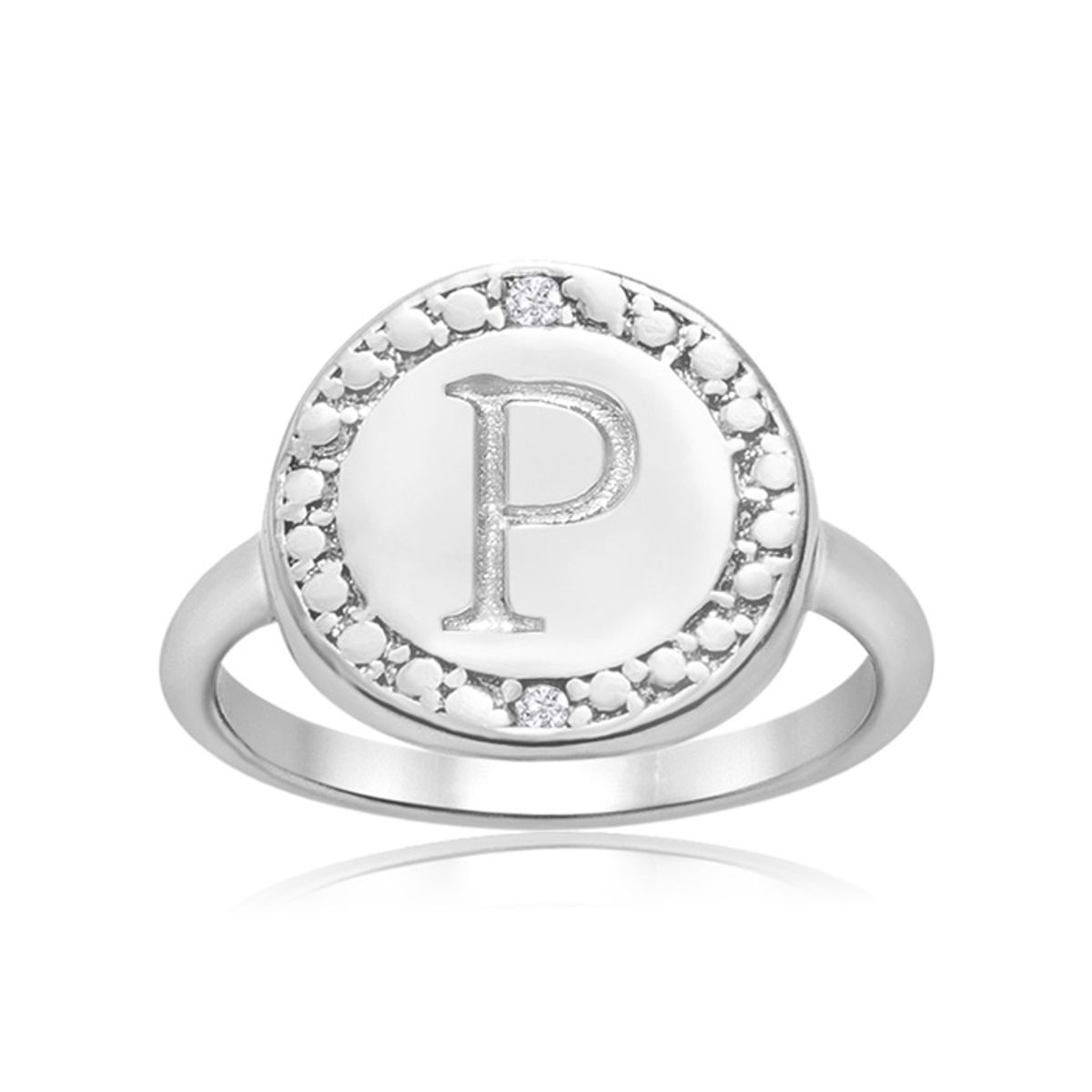 Initial Diamond Pinkie Ring in Sterling Silver - "P" Initial Diamond Pinkie Ring Size 6