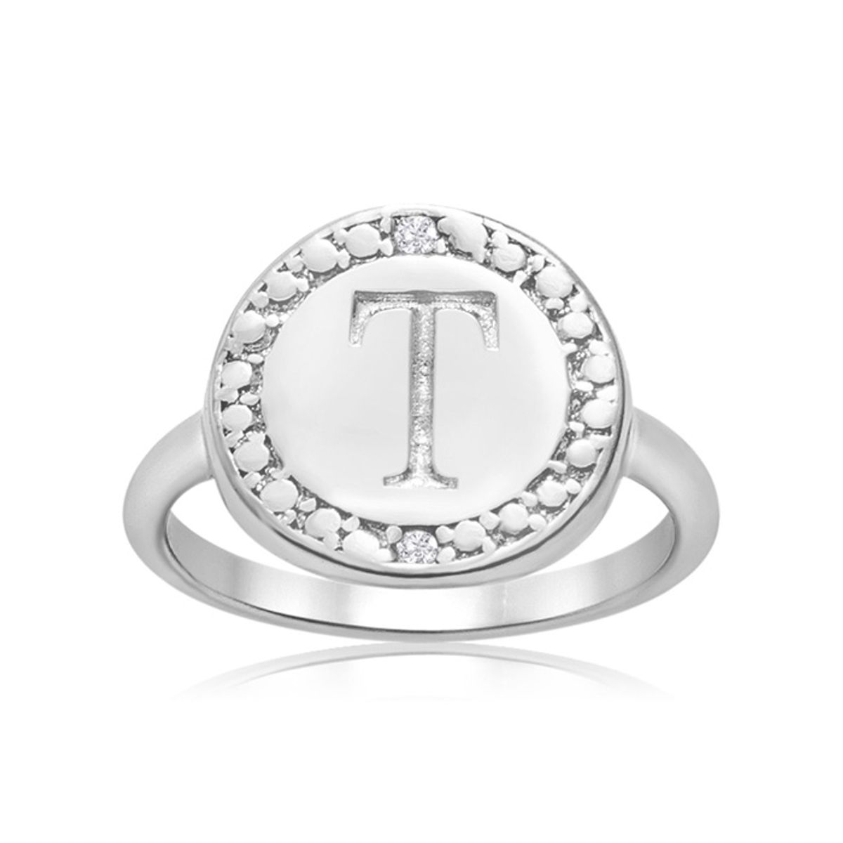 Initial Diamond Pinkie Ring in Sterling Silver - "T" Initial Diamond Pinkie Ring Size 4