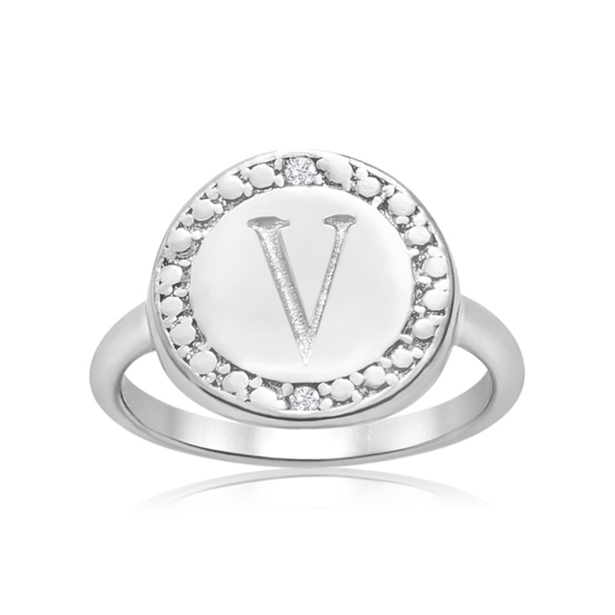 Initial Diamond Pinkie Ring in Sterling Silver - "V" Initial Diamond Pinkie Ring Size 4