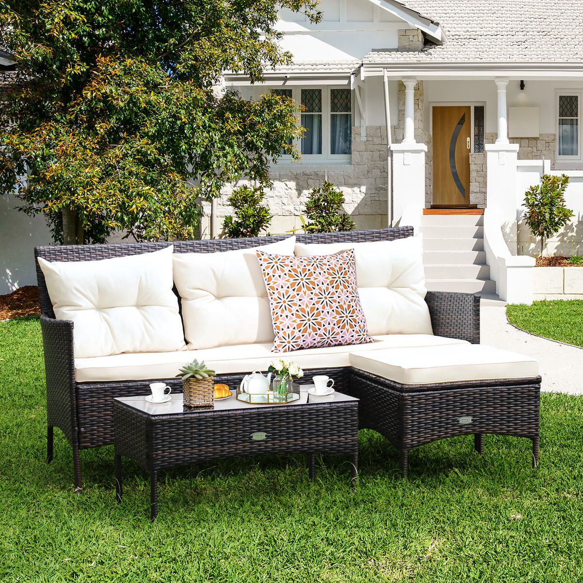 3-Piece Patio Rattan Furniture Set - White