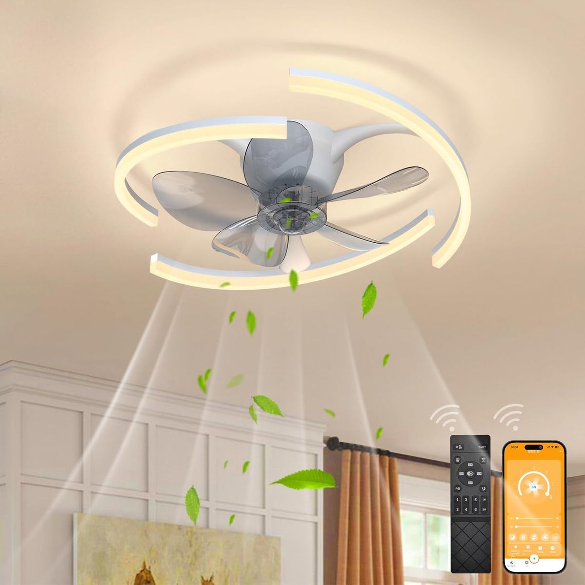 20" Ceiling Fan with Lights App & Remote Control  - Triple Arm