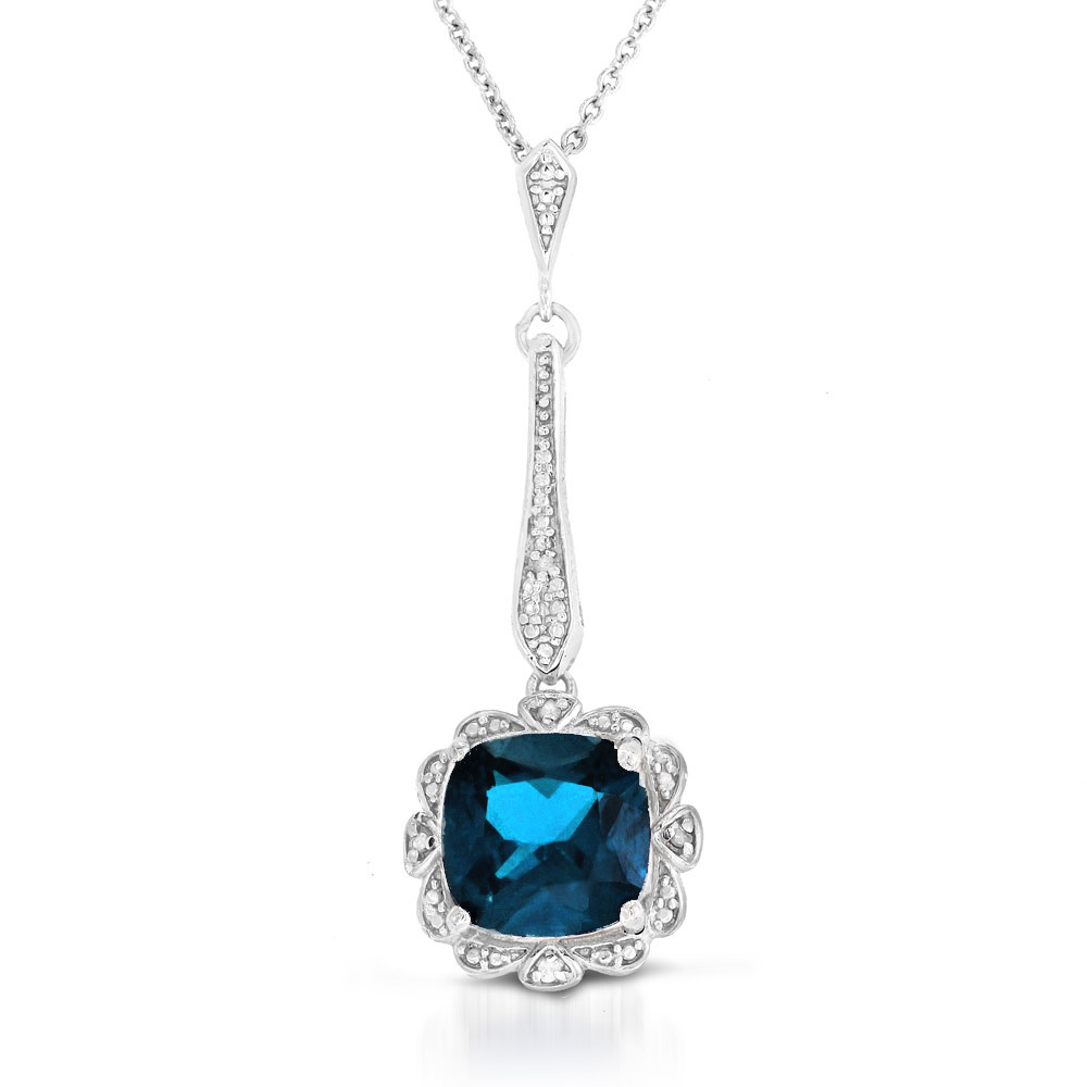 Cushion-Cut Vintage-Style Gemstone & Diamond Pendant - Blue Topaz