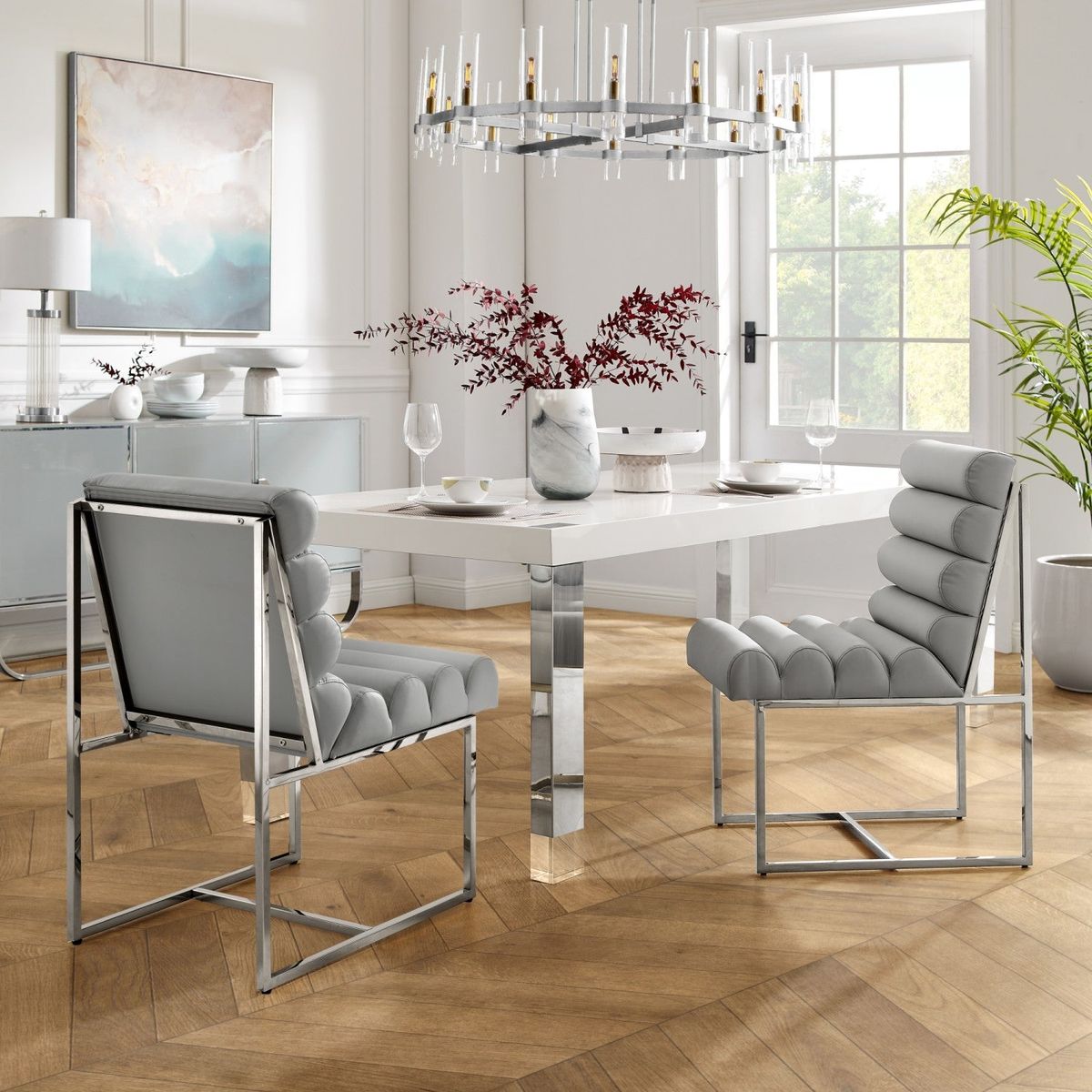 Inspired Home Dalia Armless Dining Chair (Set of 2) - Grey/Chrome Leather