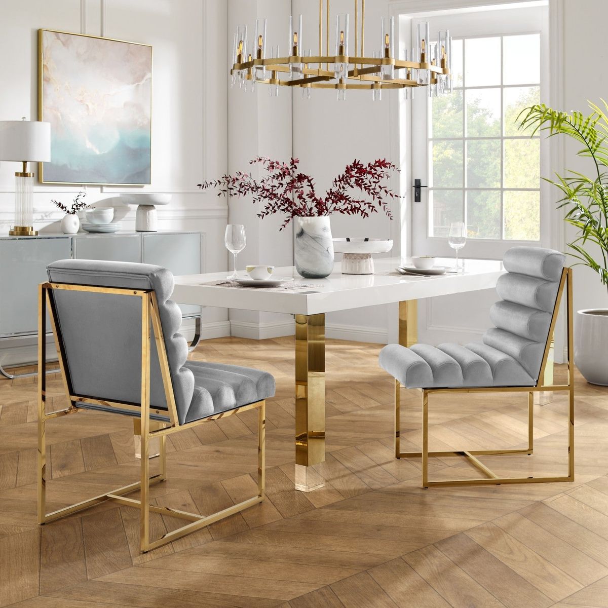 Inspired Home Dalia Armless Dining Chair (Set of 2) - Grey/Gold Velvet