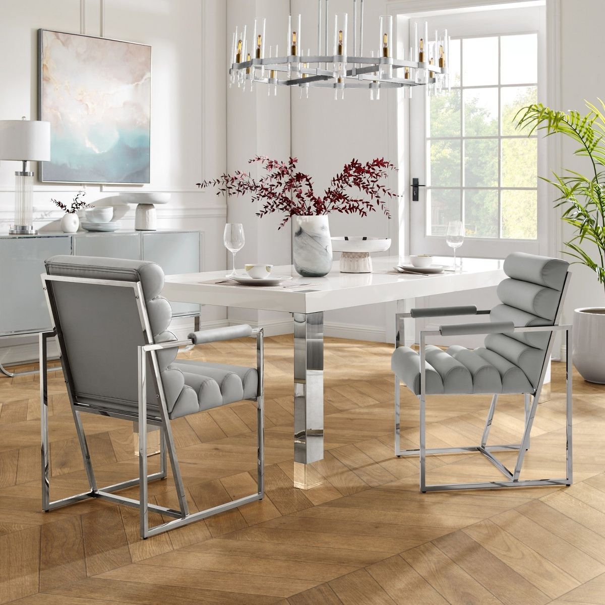 Inspired Home Dalia Dining Chair (Set of 2) - Grey/Chrome Leather