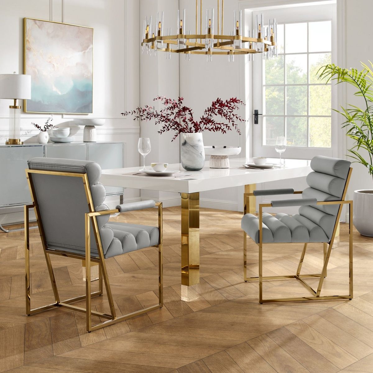 Inspired Home Dalia Dining Chair (Set of 2) - Grey/Gold Leather