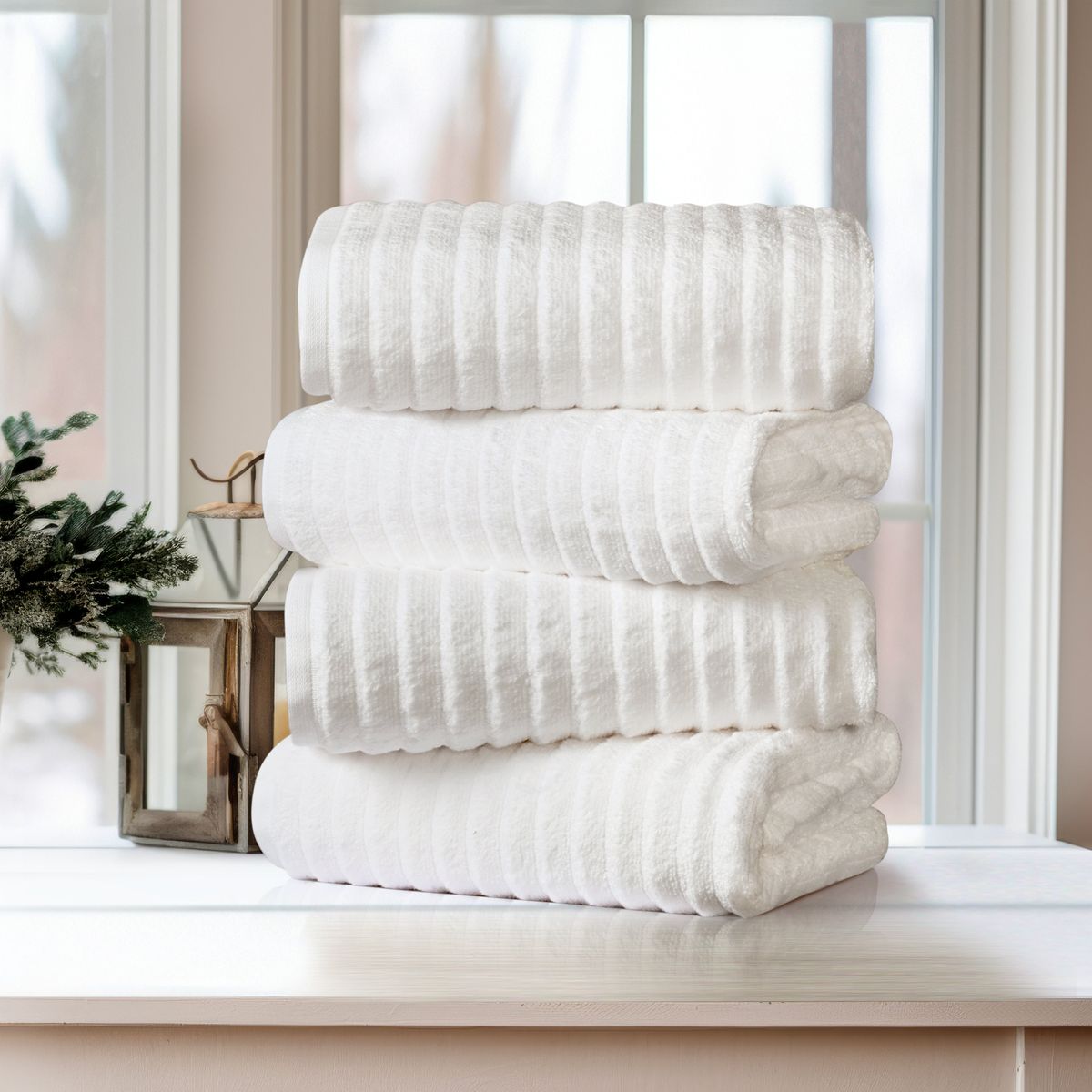 Bibb Home Ribbed Egyptian Cotton Bath Towel Set (4-Pack) - White