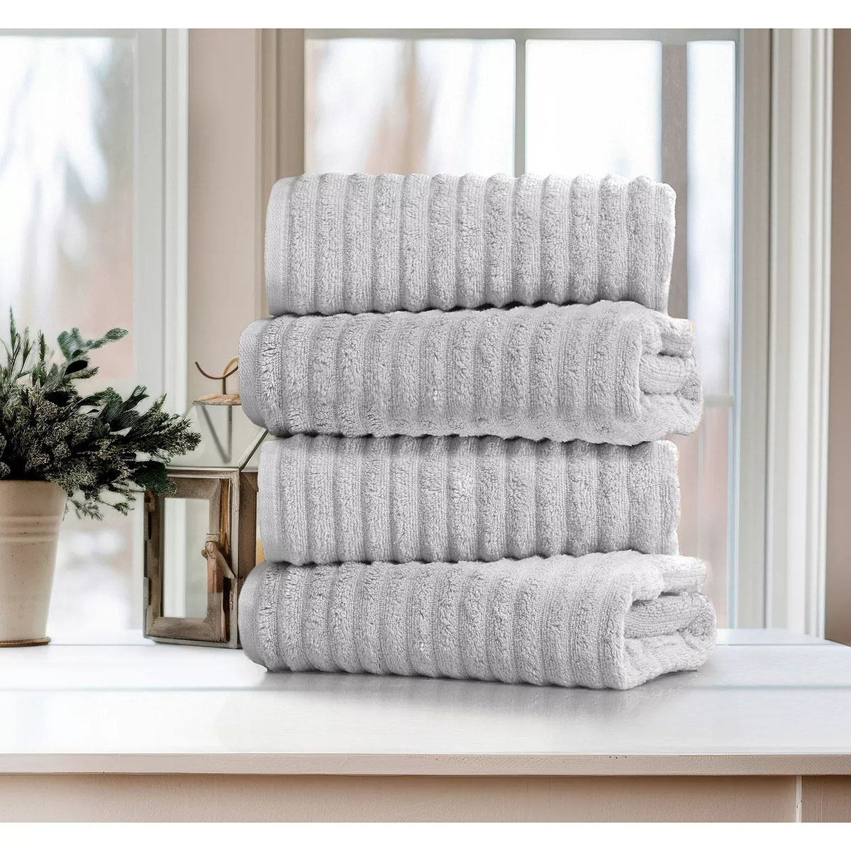 Bibb Home Ribbed Egyptian Cotton Bath Towel Set (4-Pack) - Seal Grey