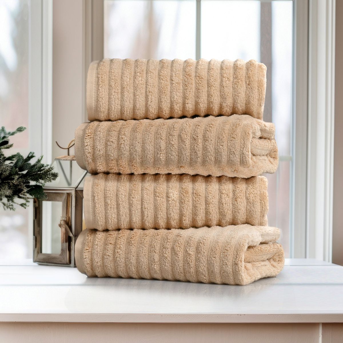 Bibb Home Ribbed Egyptian Cotton Bath Towel Set (4-Pack) - Linen