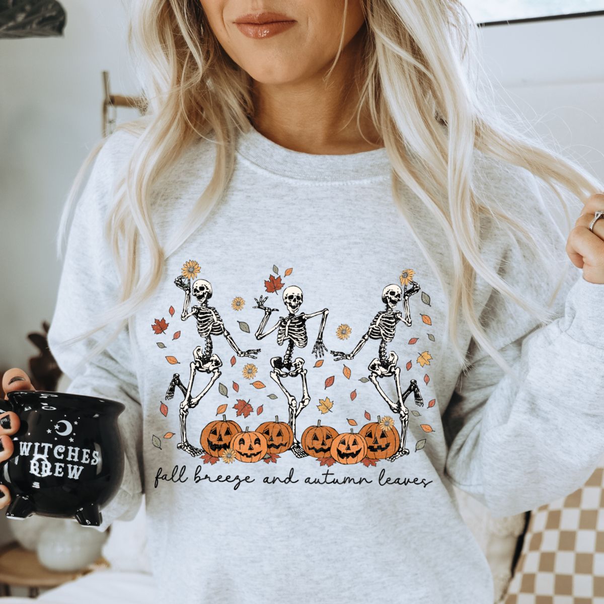 Women's 'Fall Breeze and Autumn Leaves' Skeleton Graphic Sweater - Ash / S