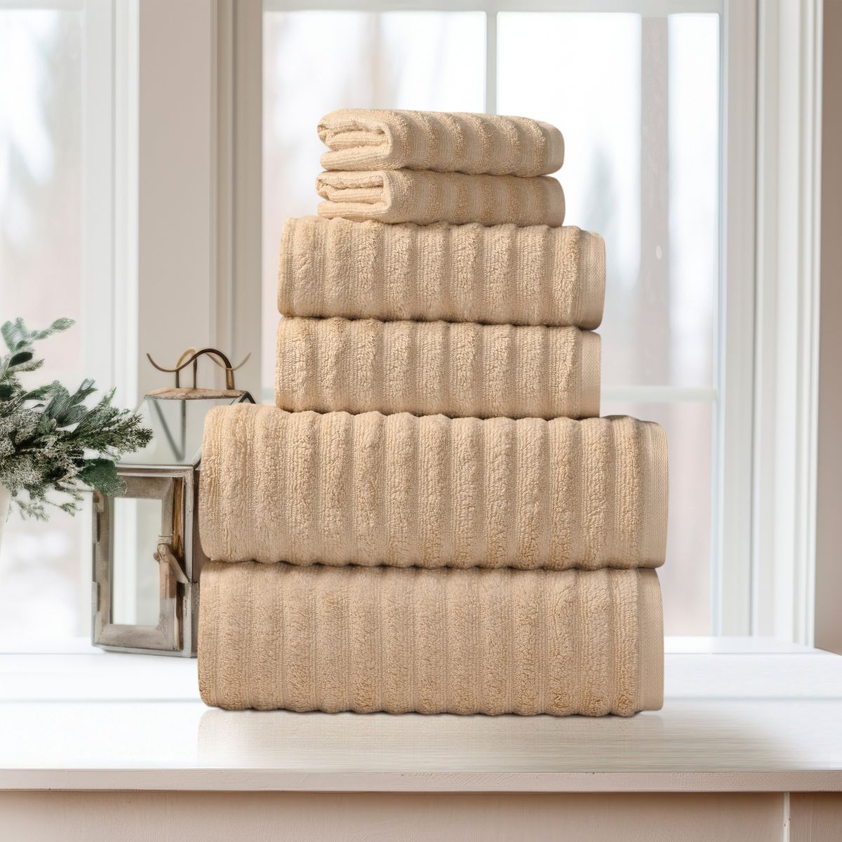 Bibb Home Ribbed Egyptian Cotton Towels (Set of 6) - Linen