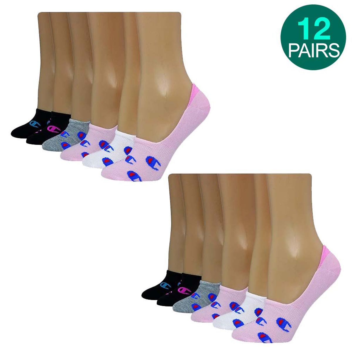 12-Pack Champion Women's Liner Socks - Pink/Black/White/Grey