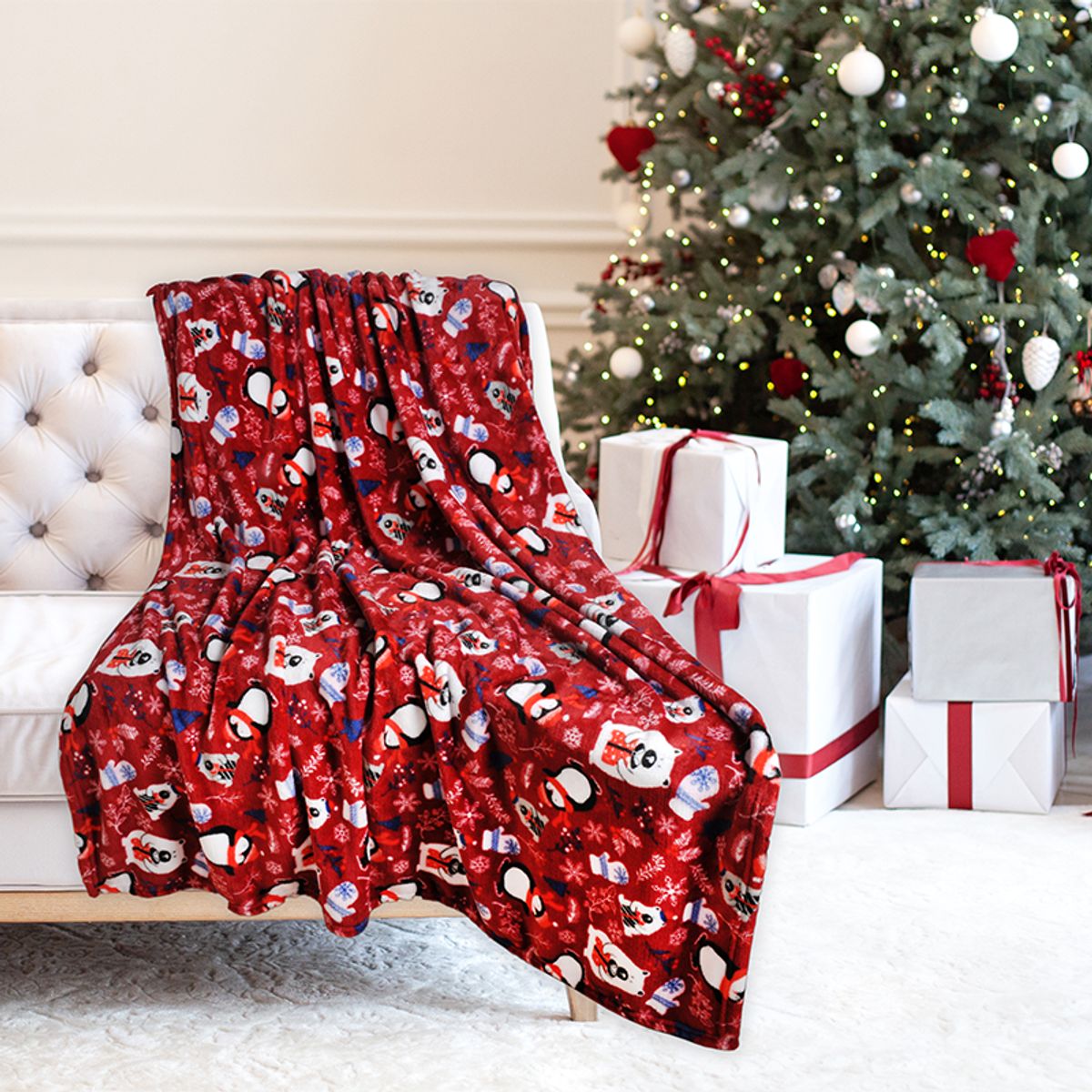 Kathy Ireland Holiday Print Plush Flannel Throw Blanket - Frosty Penguins