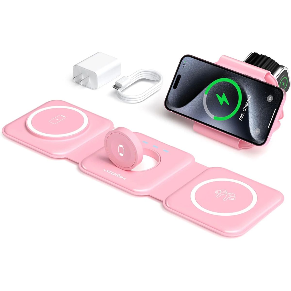 Foldable 3-in-1 Wireless Charging Station for Multiple Devices - Pink charger