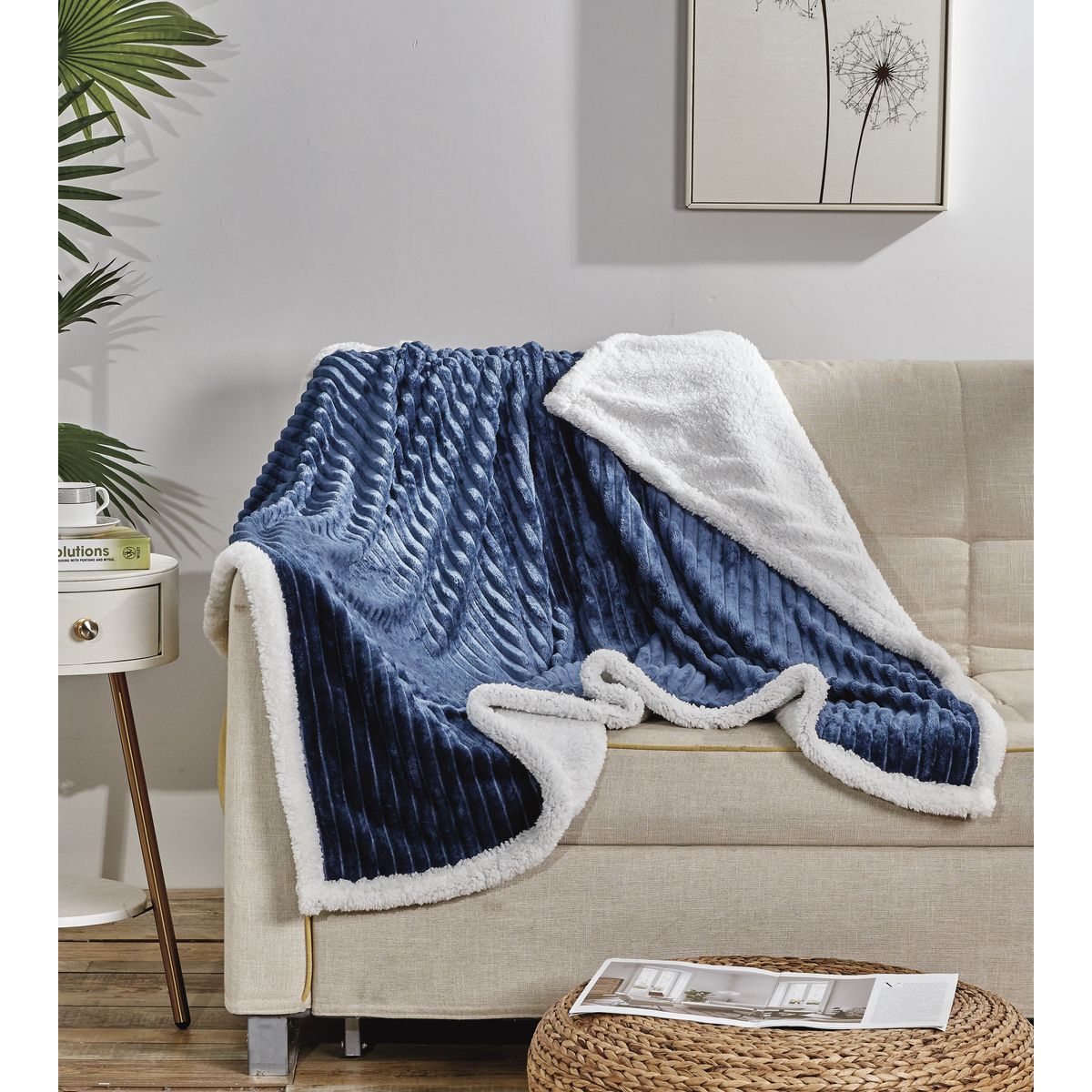 50 x 60-Inch Corduroy Sherpa Reversible Throw Blanket - Navy