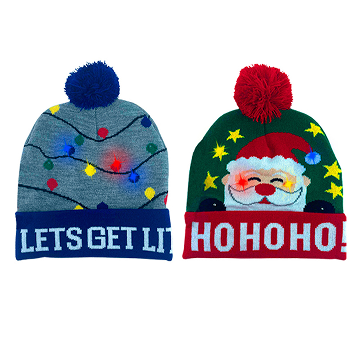 Colorful Warm LED Christmas Holiday Pom Pom Beanie (2-Pack) - Litmis and Hohoho