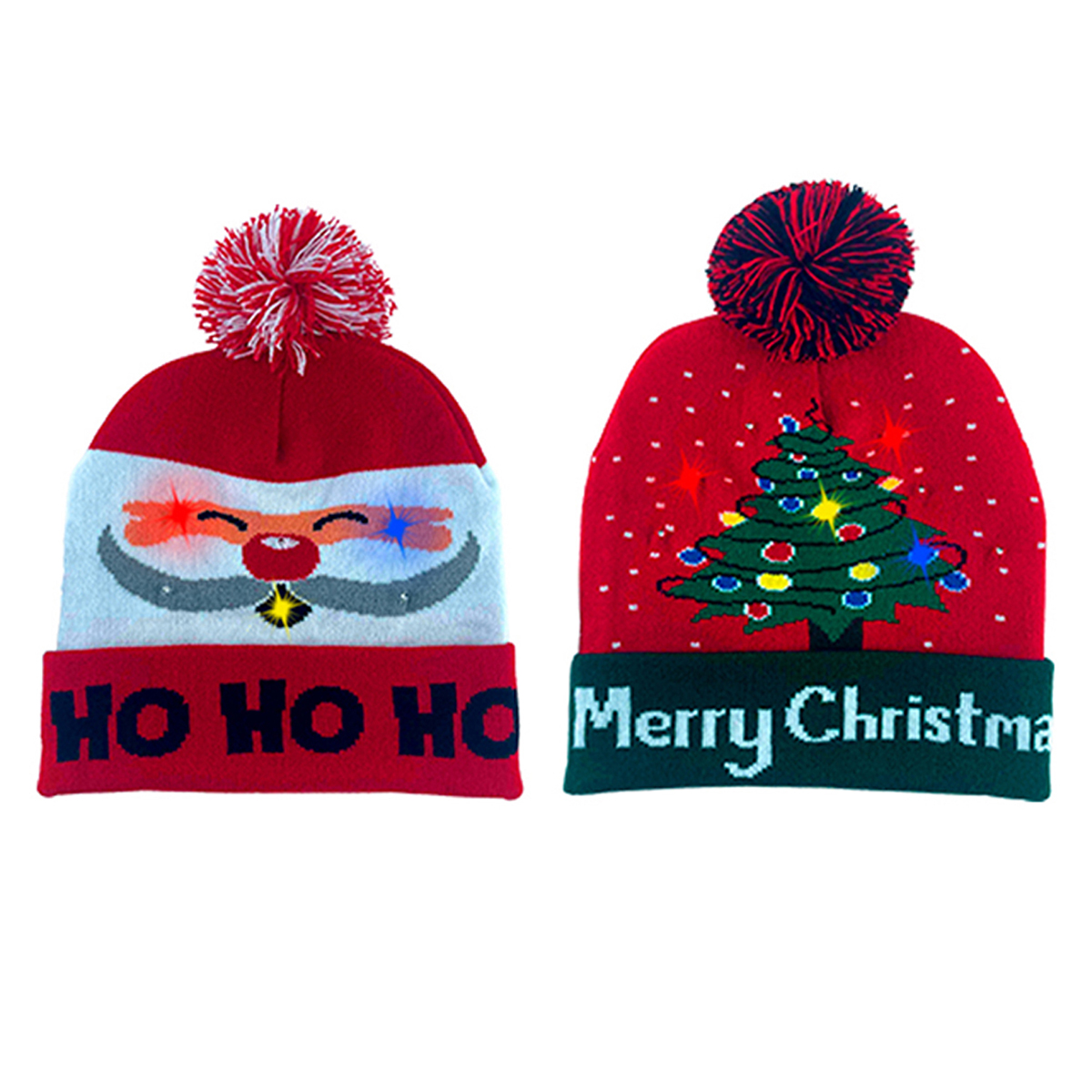 Colorful Warm LED Christmas Holiday Pom Pom Beanie (2-Pack) - Santa and Tree