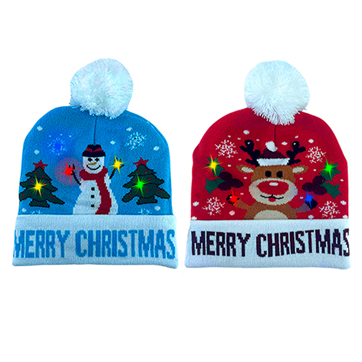 Colorful Warm LED Christmas Holiday Pom Pom Beanie (2-Pack) - Merry Xmas and Reindeer