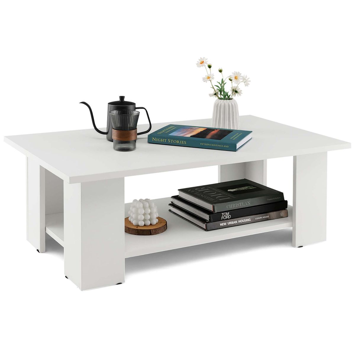 36-Inch 2-Tier Wooden Modern Coffee Table with Storage Shelf - Coffee Table -White