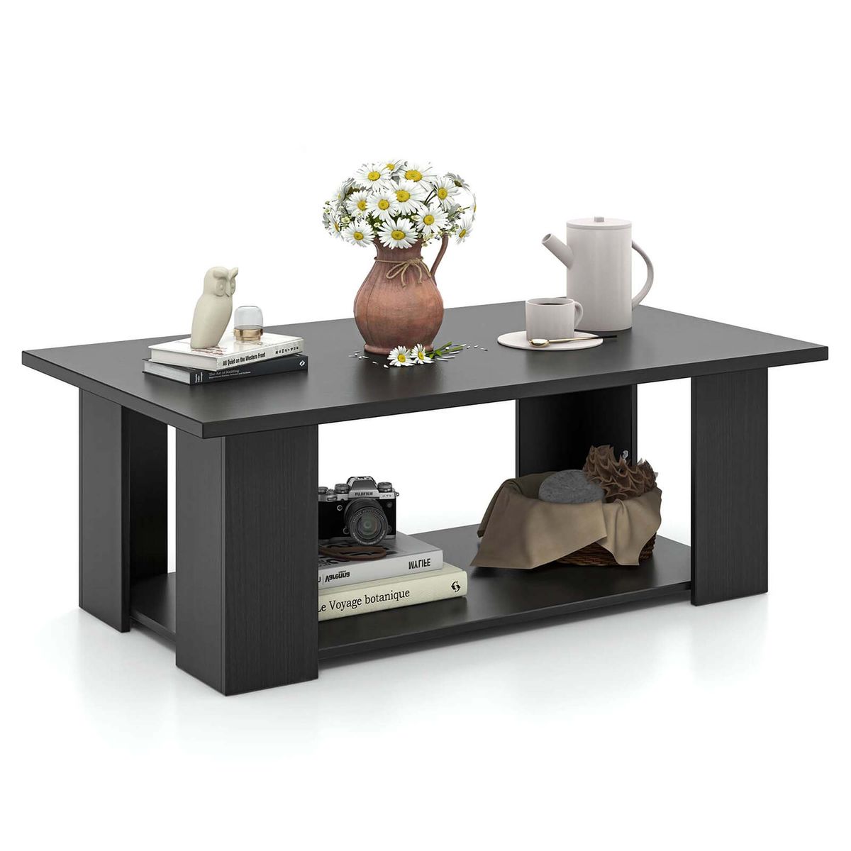 36-Inch 2-Tier Wooden Modern Coffee Table with Storage Shelf - Coffee Table -Black