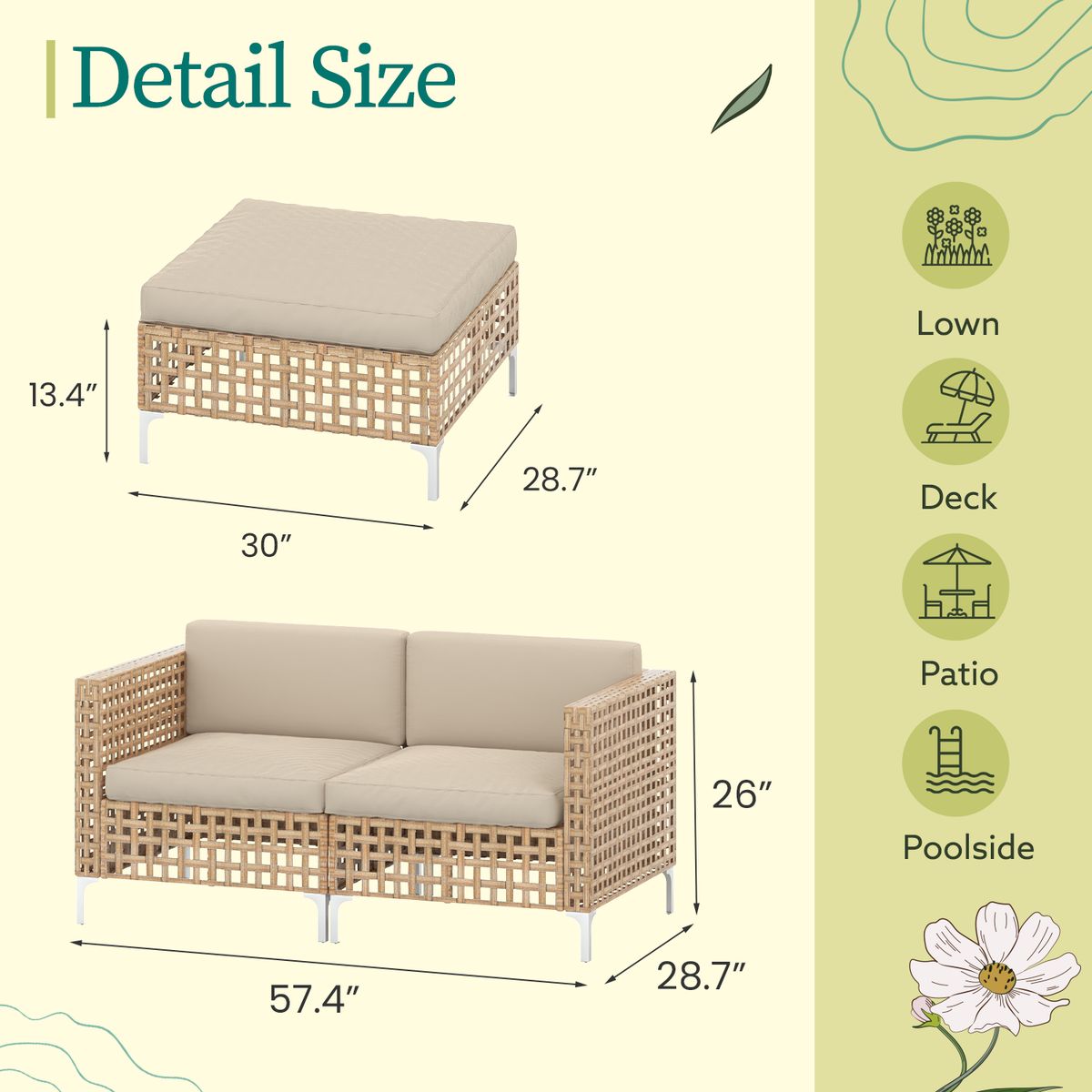 Outdoor Patio Conversation Sectional Furniture Set - Loveseat+Ottoman