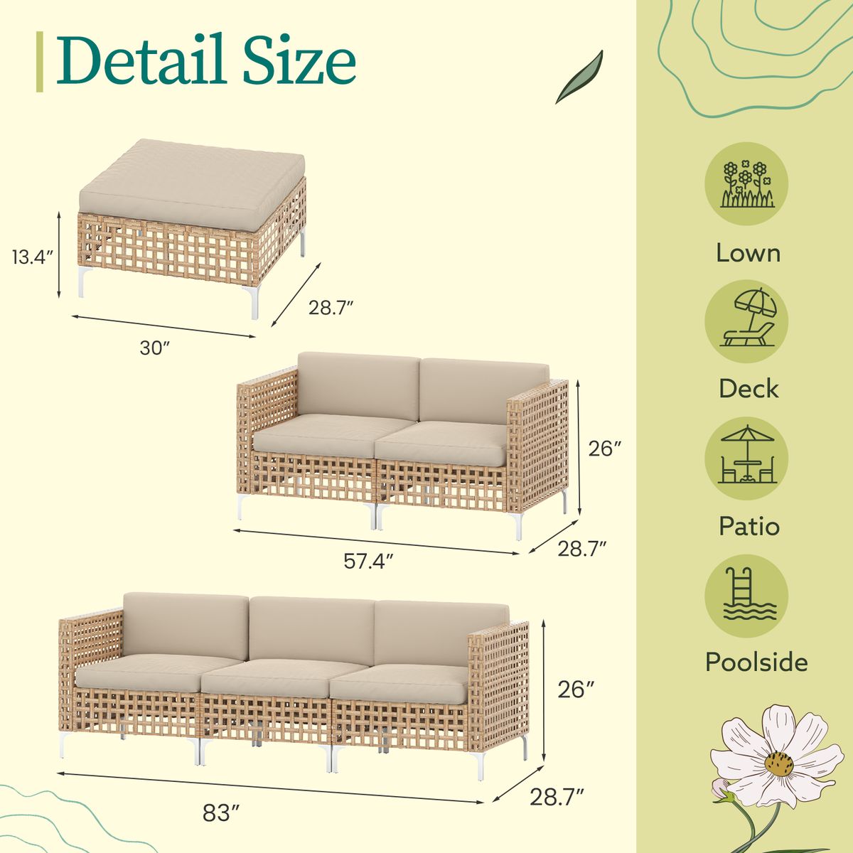 Outdoor Patio Conversation Sectional Furniture Set - Sofa+Loveseat+Ottoman